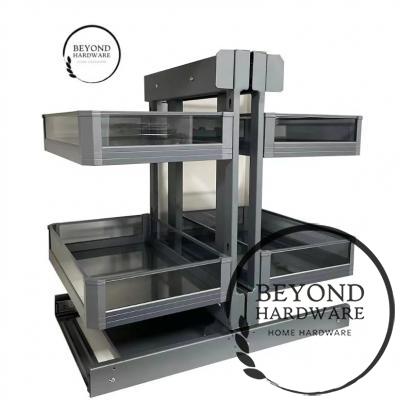Magic corner for kitchen cabinet blind corner pull out aluminum frame with tempered glass grey basket cabinet magic corner